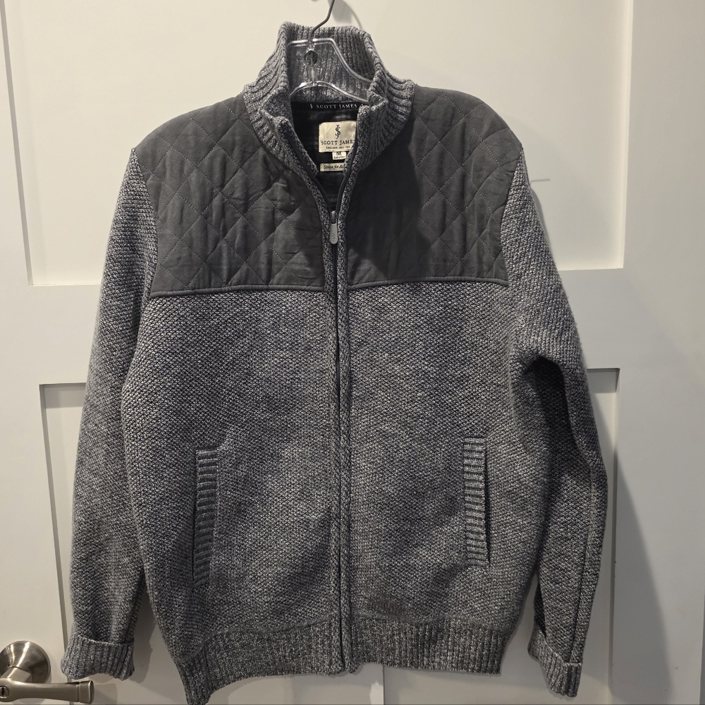 Scott James Mens Luxury Jacket M Gray Quilted Full Zip Plaid Lined Polished